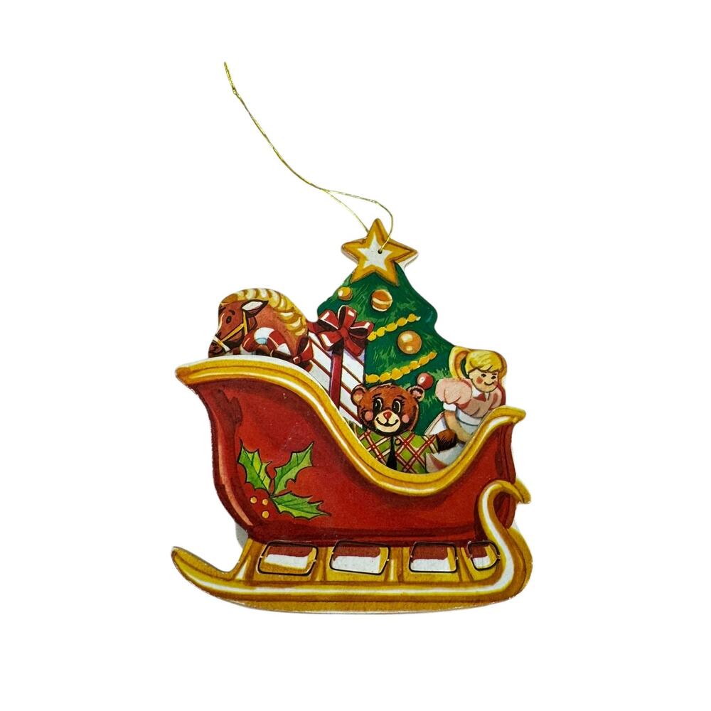 Vintage‎ Wooden Sleigh Little Girl Present Christmas Ornament
